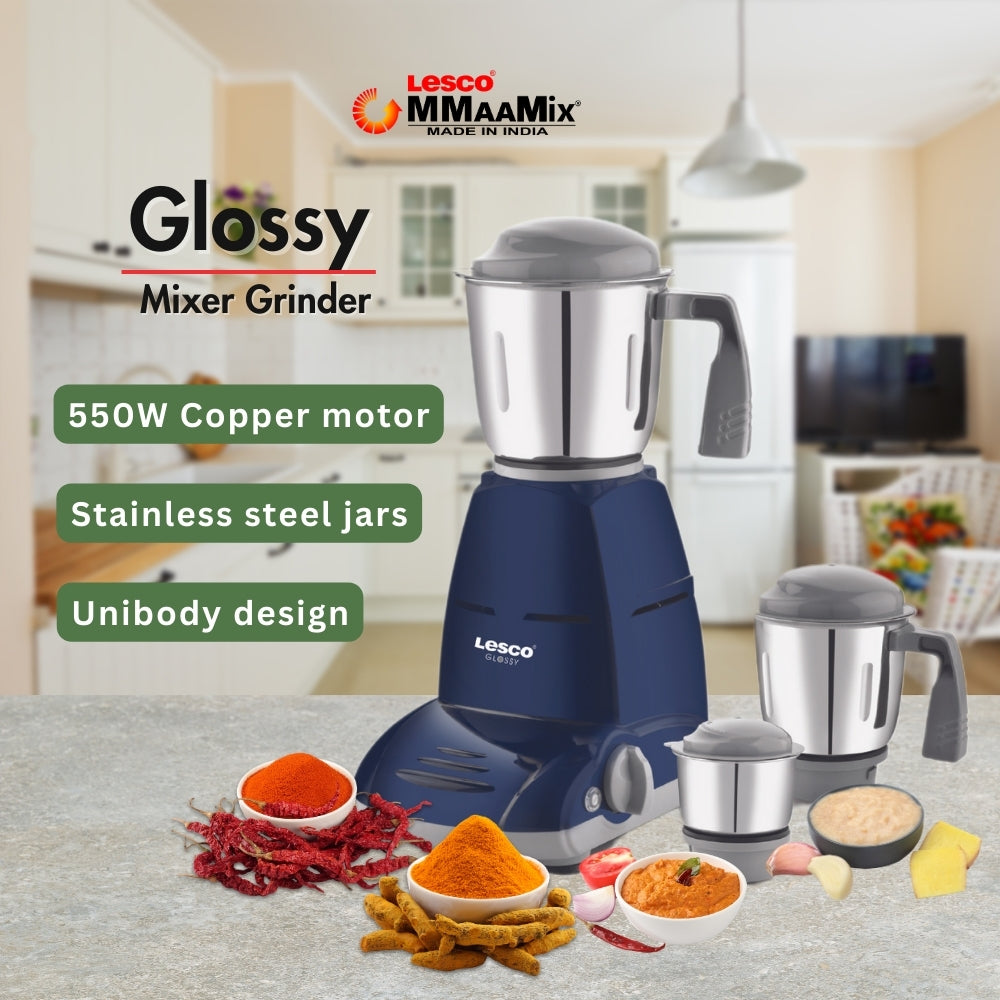 Glossy 550w Mixer Grinder 3 Jar Blue