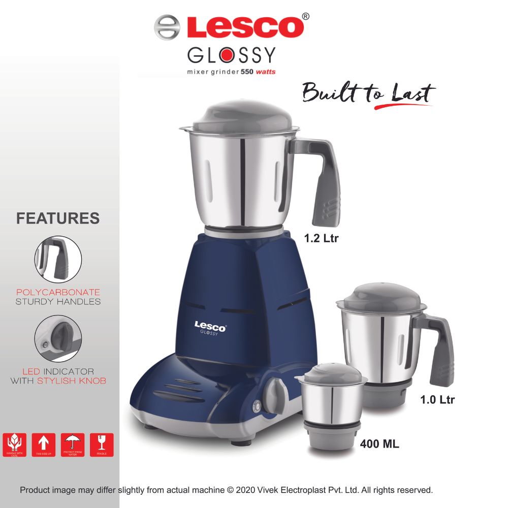 Glossy 550w Mixer Grinder 3 Jar Blue