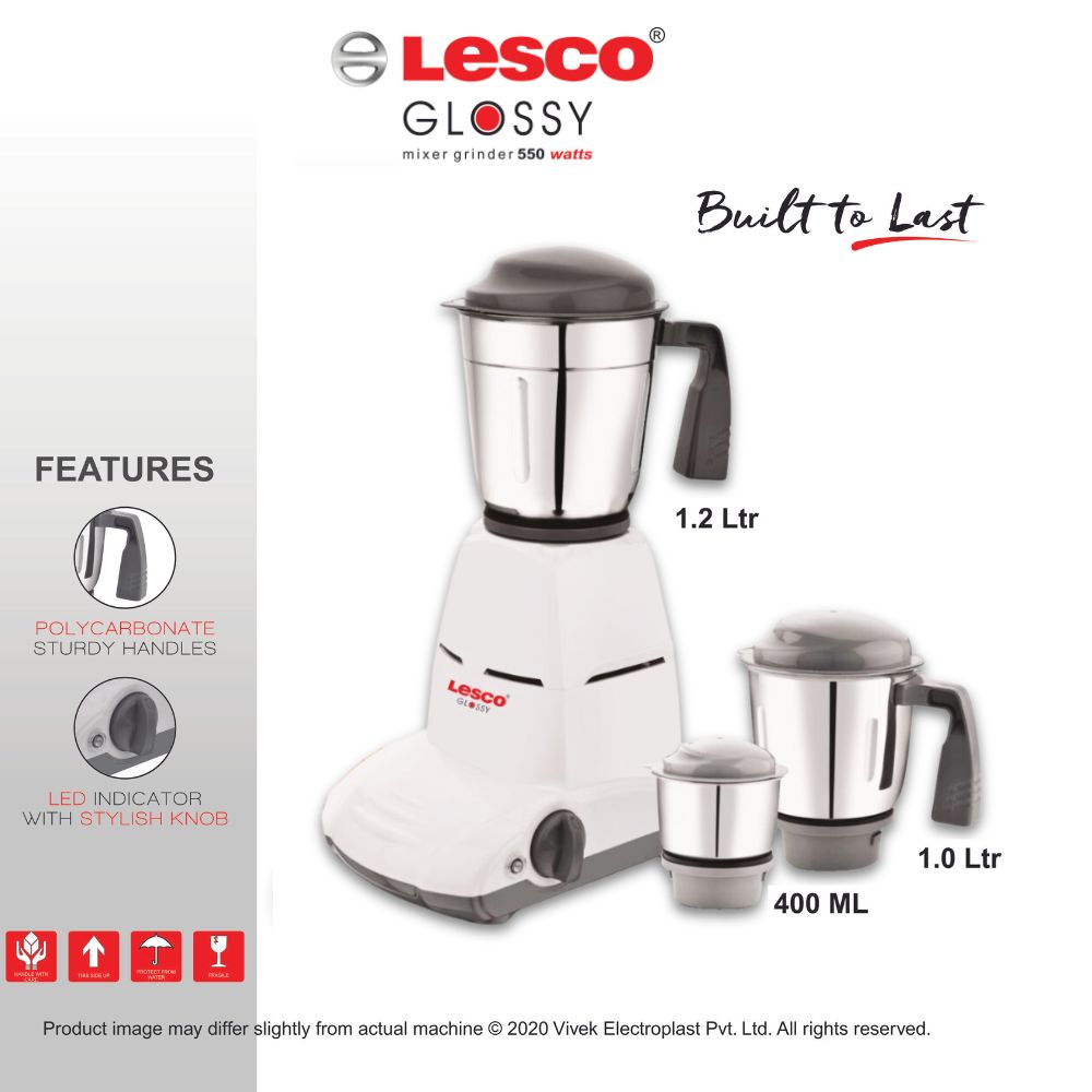 Glossy 550w Mixer Grinder 3 Jar White