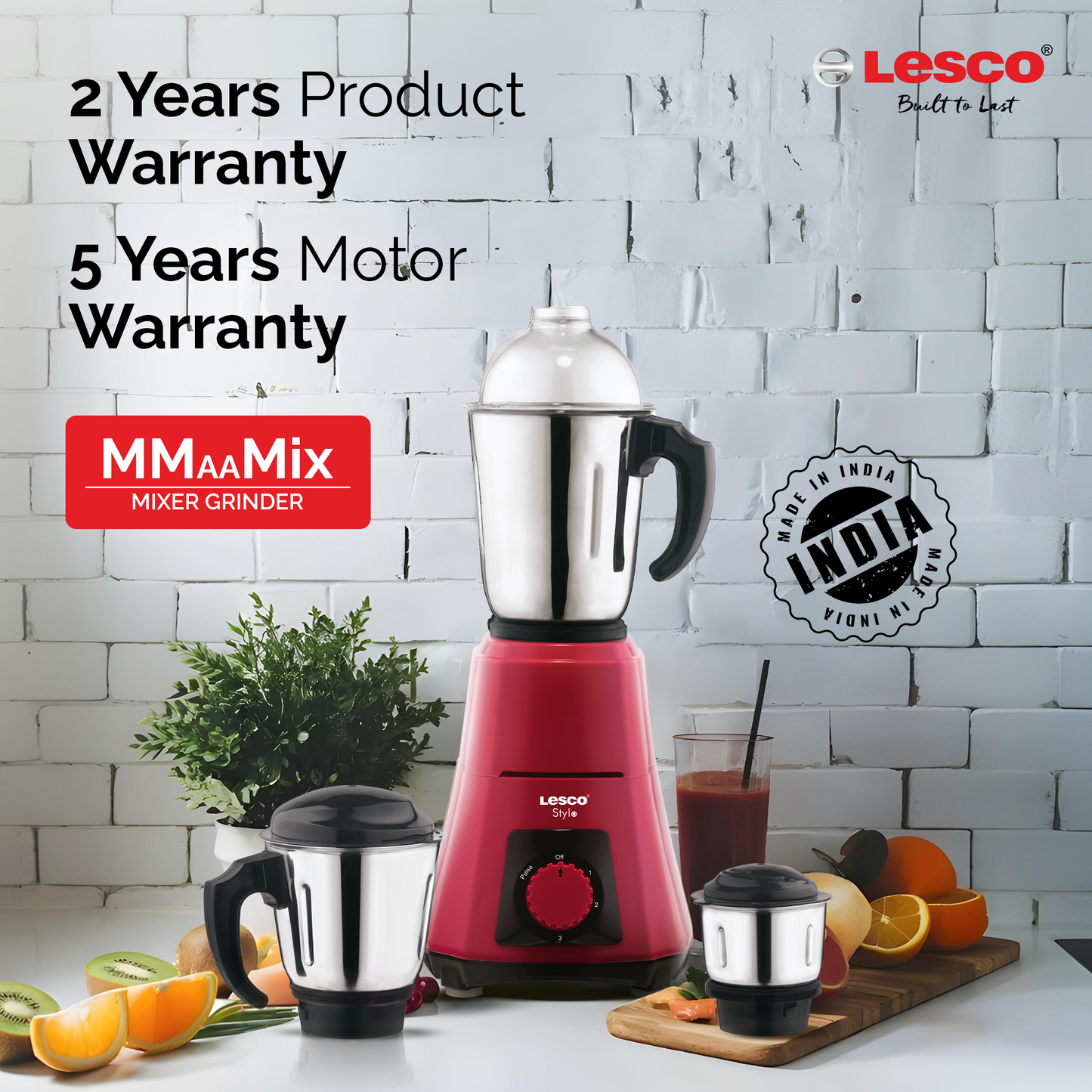 Stylo Mixer Grinder 550 Watts 3 Jars - Pink