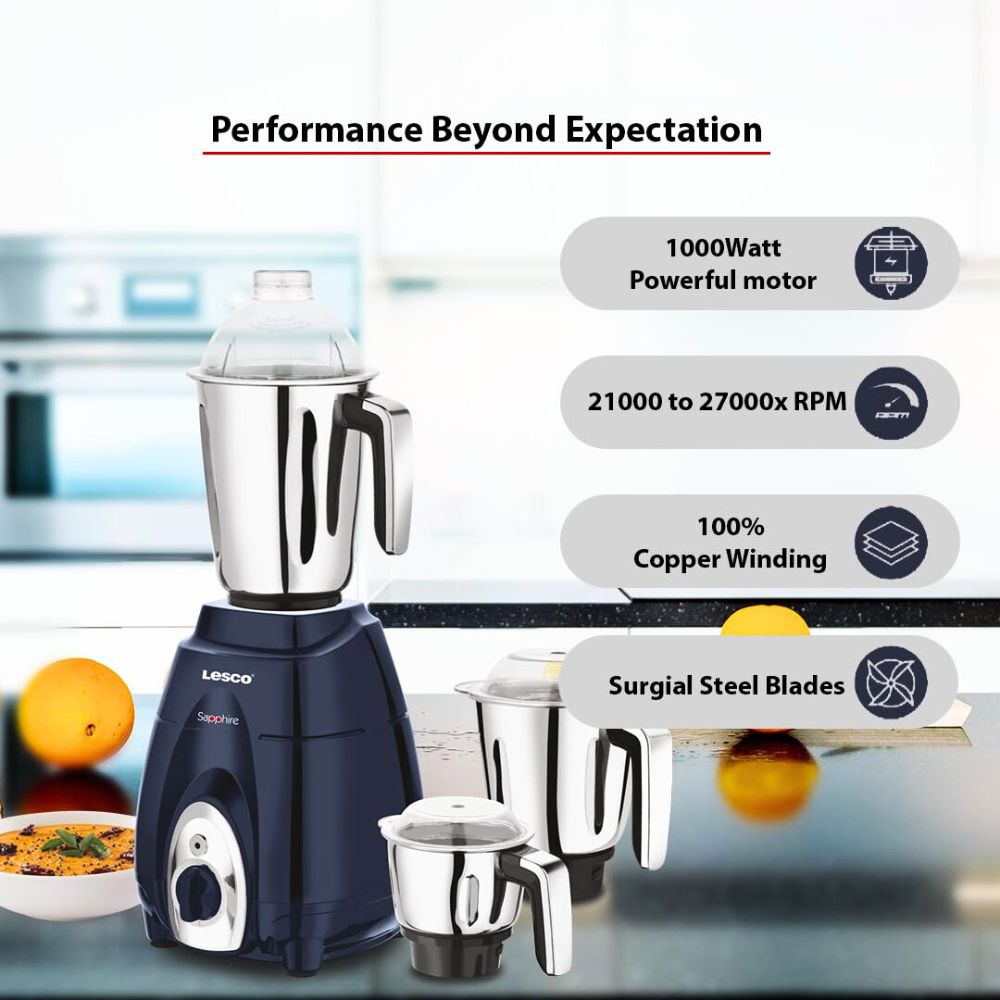Sapphire 1000 Watts Mixer Grinder with 3 Jars Blue