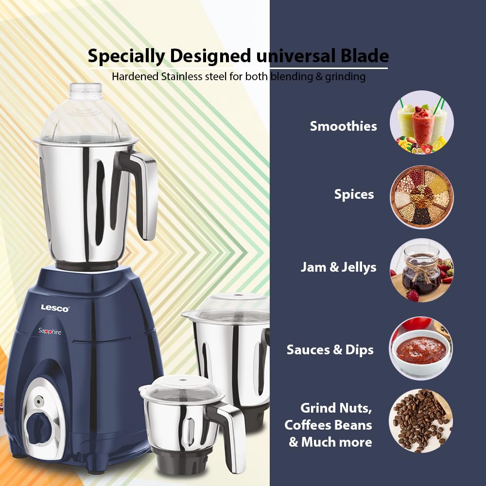 Sapphire 1000 Watts Mixer Grinder with 3 Jars Blue