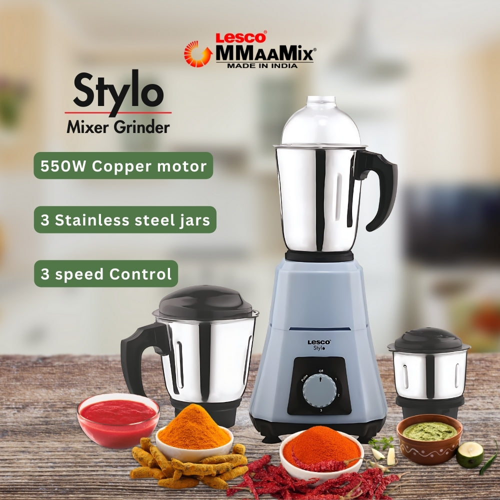 Stylo Mixer Grinder 550 Watts 3 Jars Grey