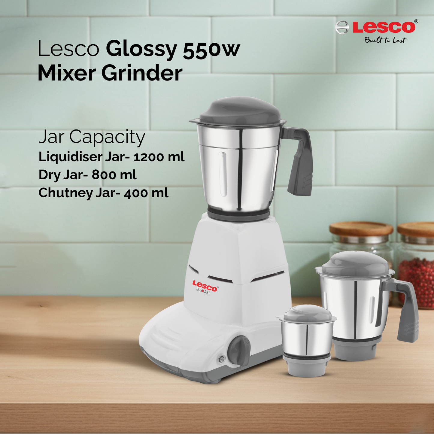 Glossy 550w Mixer Grinder 3 Jar White