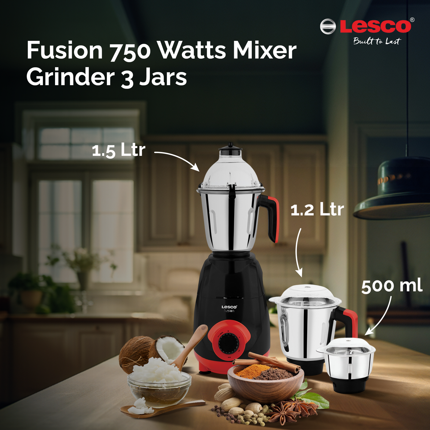 Fusion 750 Watts Mixer Grinder 3 Jars Red