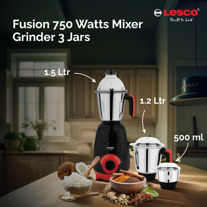 Fusion 750 Watts Mixer Grinder 3 Jars Red