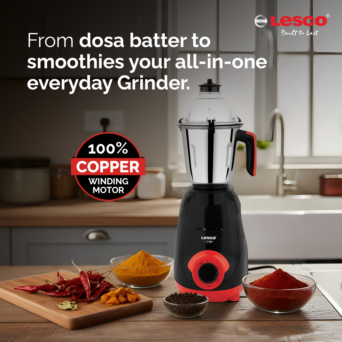 Fusion 750 Watts Mixer Grinder 3 Jars Red