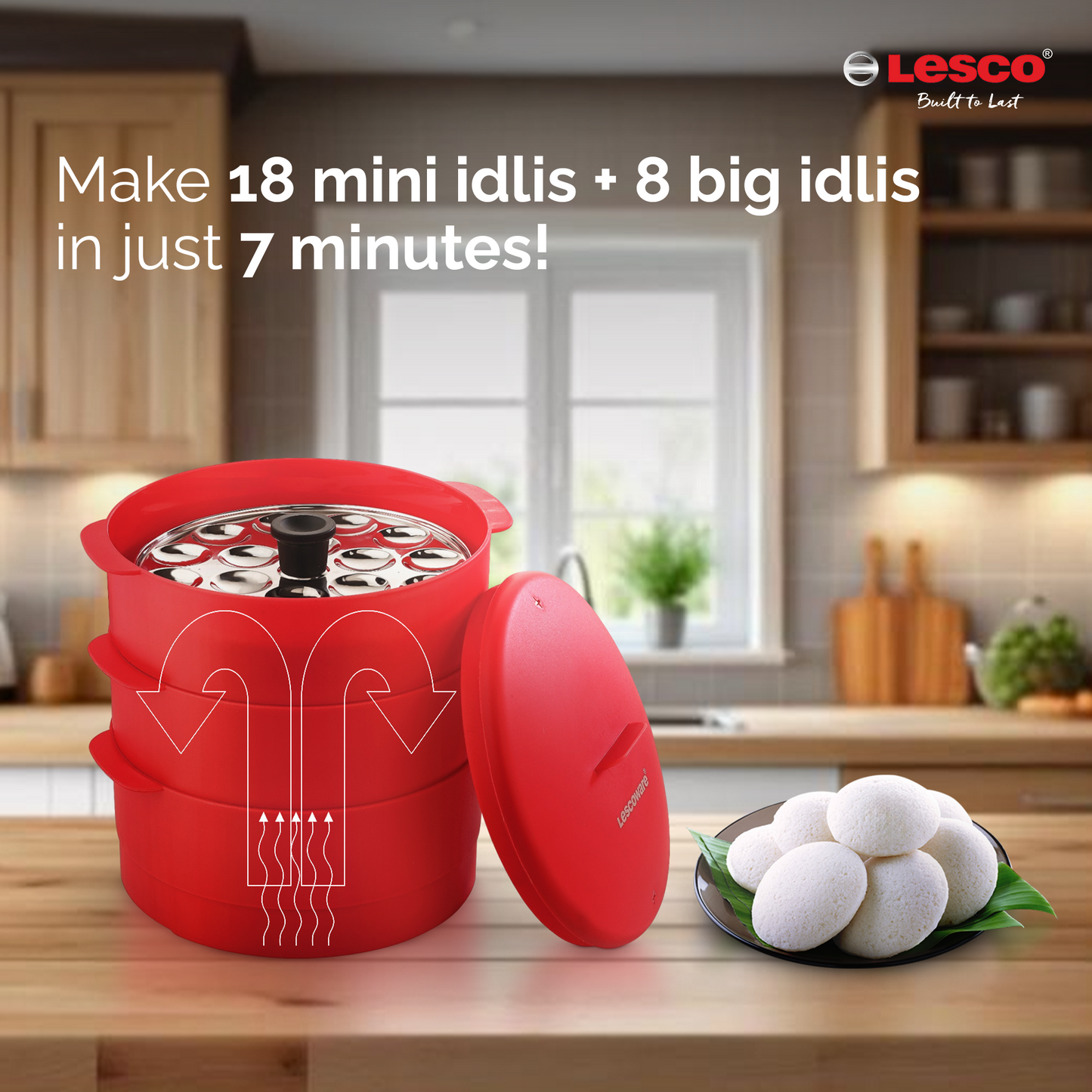 Lesco Smart Steamer with Steel 2 Idli Stands & 1 Appam Stand