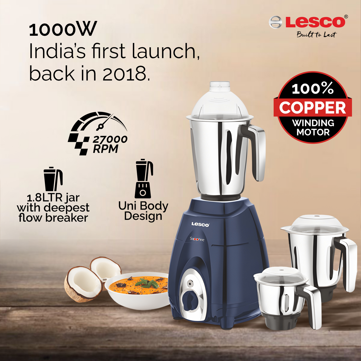 Sapphire 1000 Watts Mixer Grinder with 3 Jars Blue