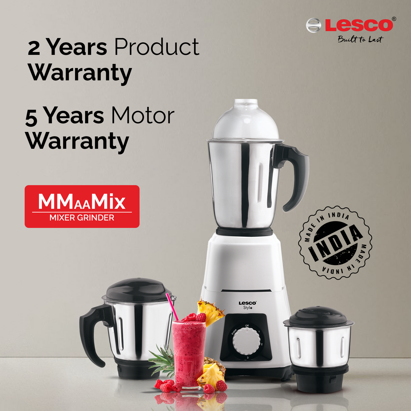 Stylo Mixer Grinder 550 Watts 3 Jars - White