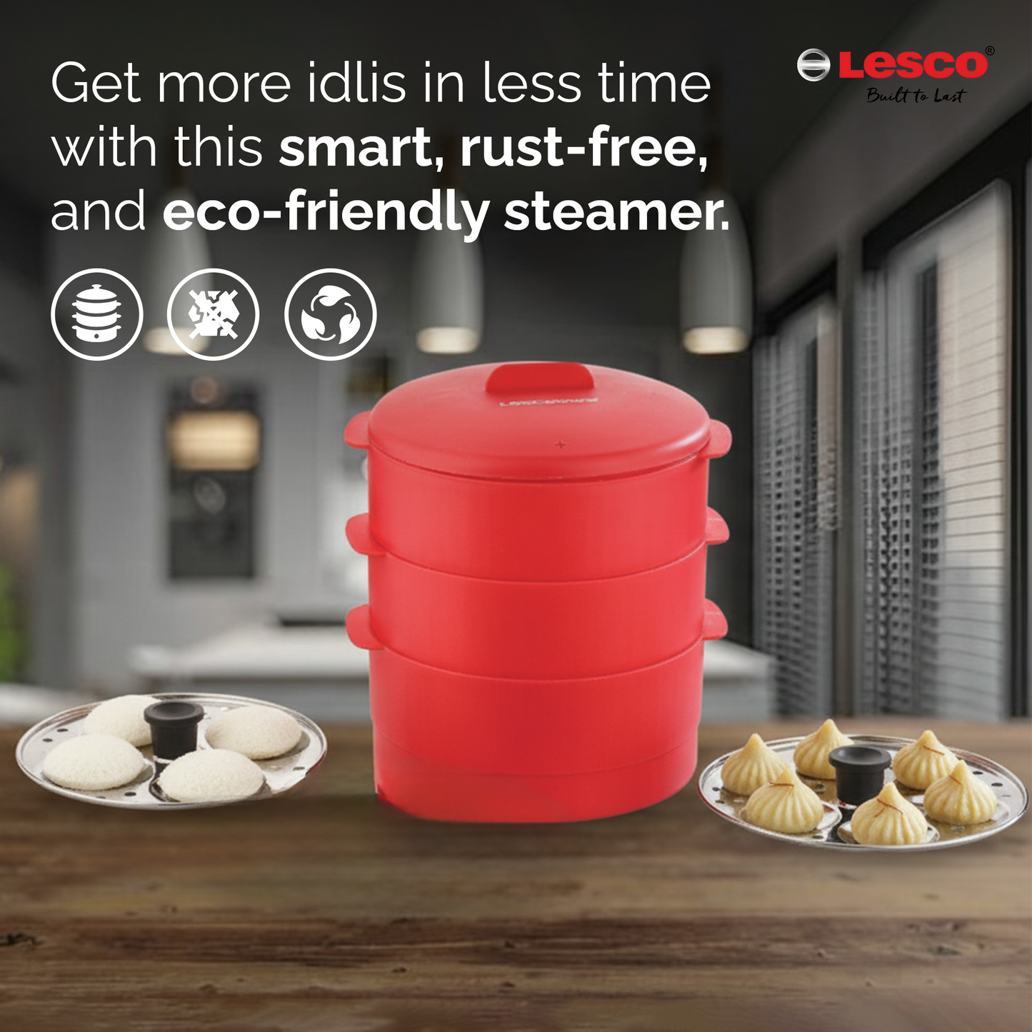 Lesco Smart Steamer with Steel 2 Idli Stands & 1 Appam Stand