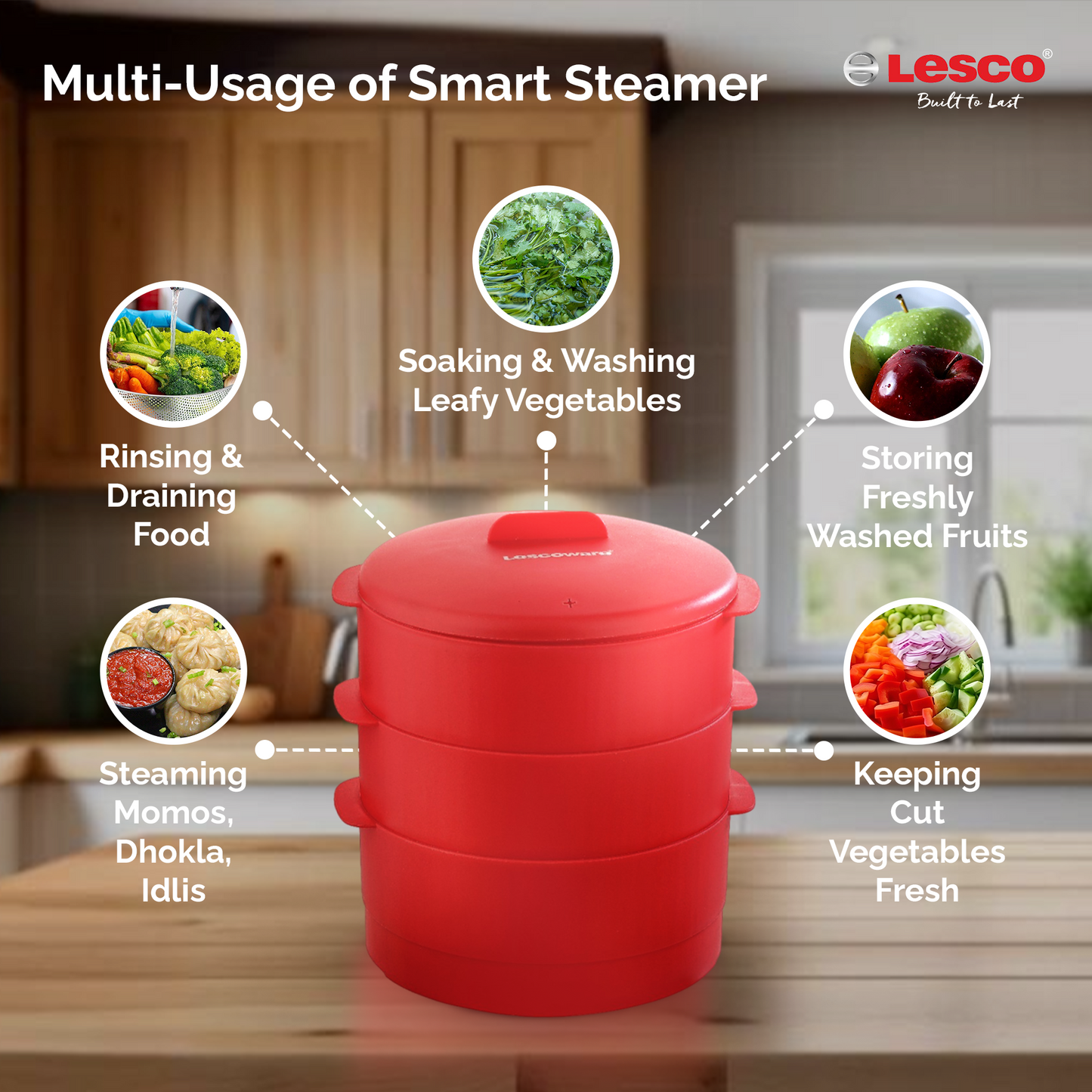 Lesco Smart Steamer with Steel 2 Idli Stands & 1 Appam Stand