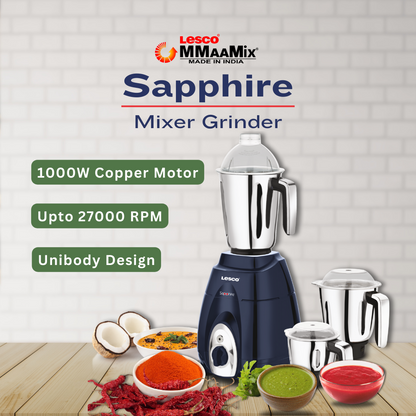 Sapphire 1000 Watts Mixer Grinder with 3 Jars Blue