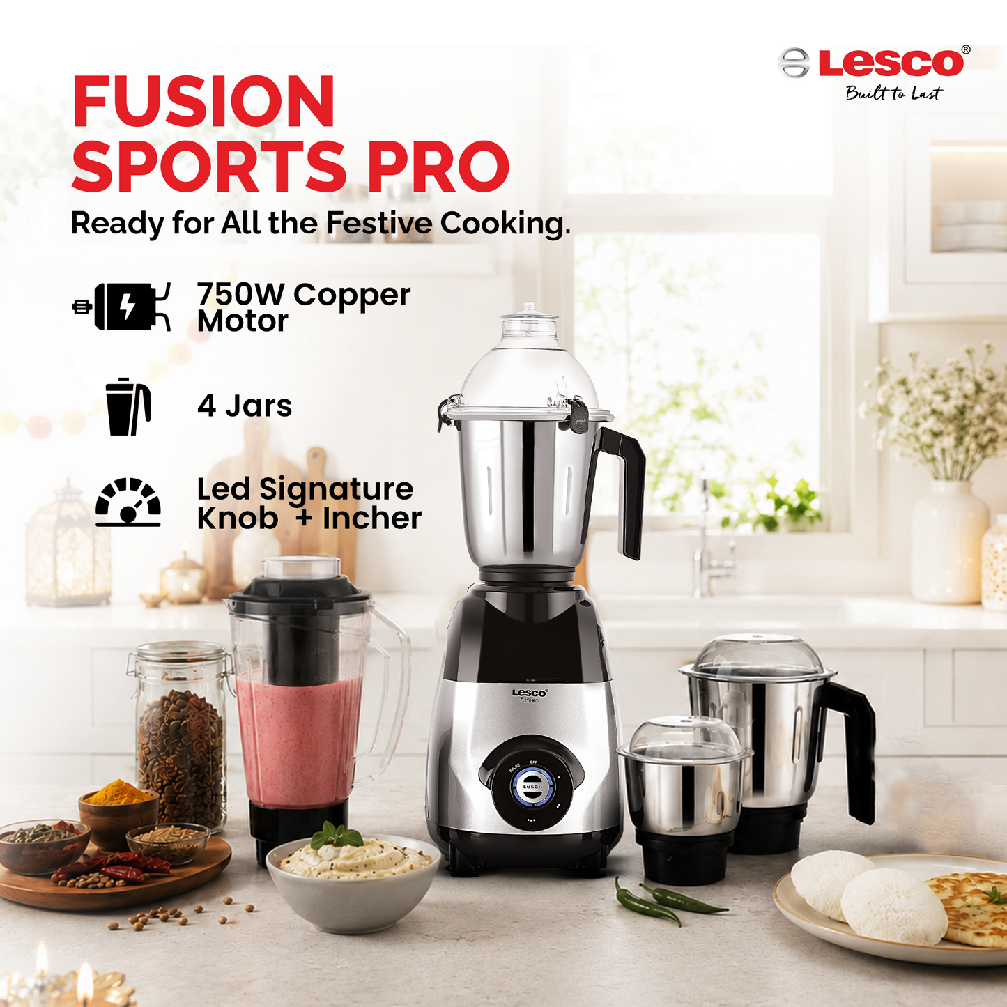 Fusion Sports Pro 750w Mixer Grinder 4 Jar with free Smart Steamer