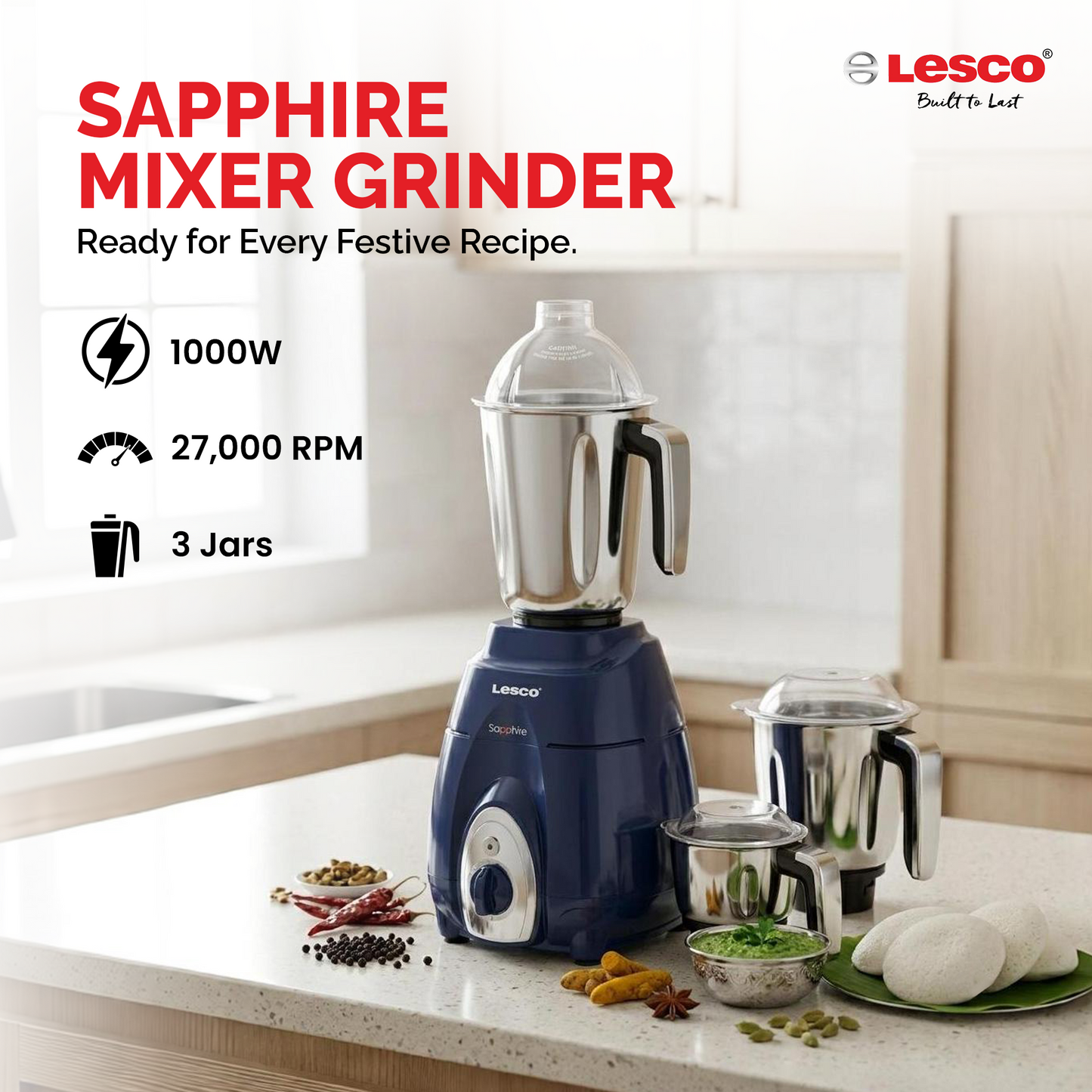 Sapphire 1000 Watts Mixer Grinder with 3 Jars Blue with free Smart Steamer