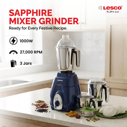 Sapphire 1000 Watts Mixer Grinder with 3 Jars Blue with free Smart Steamer